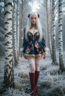 Winter Rose Maiden in Birch Forest