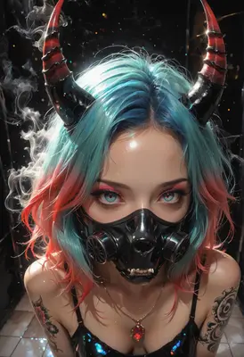 Neon Horned Cyberpunk Demon Girl