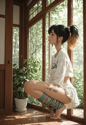 Girl Crouching by the Sunlit Window