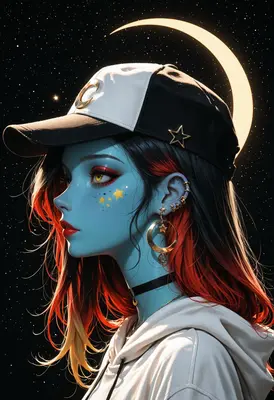 Celestial Blue Girl Under Crescent Moon