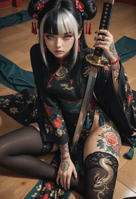 Tattooed Warrior With Traditional Katana