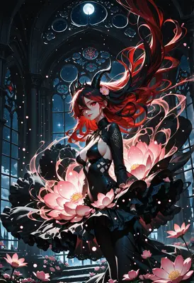 Demon Queen Amidst Glowing Lotus Flowers