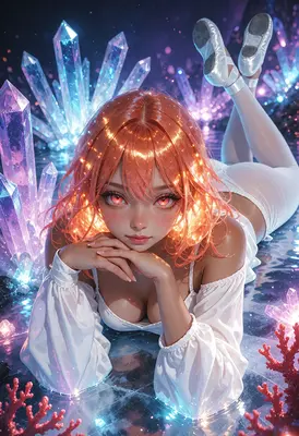 Luminous Girl Among Glowing Crystals