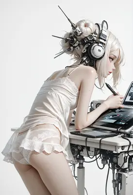 Cybernetic Artist Working At Her Desk