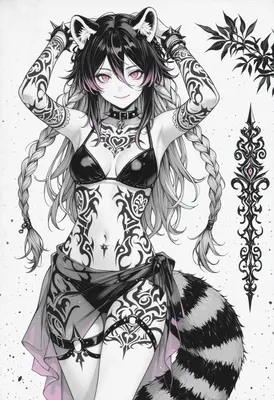 Tattooed Raccoon Girl with Pink Eyes