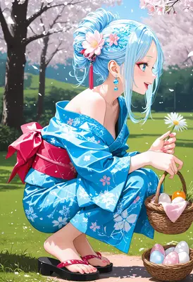Blue Haired Maiden Gathering Easter Eggs