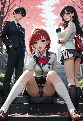 School Students Among Cherry Blossoms