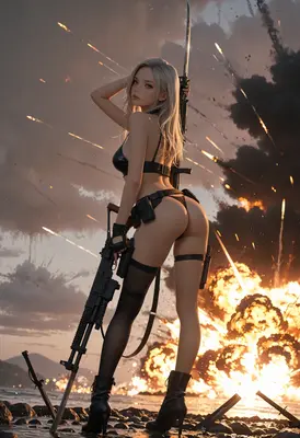 Blonde Warrior Amidst Battlefield Explosions