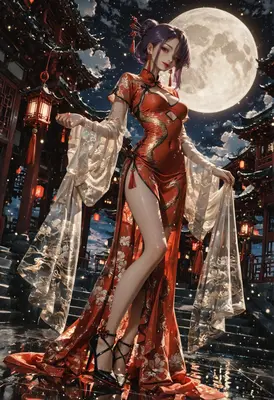 Moonlit Beauty in Traditional Red Qipao