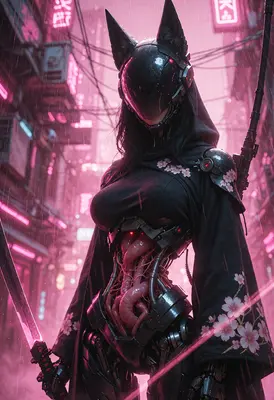 Cybernetic Sakura Ronin in Neon Rain