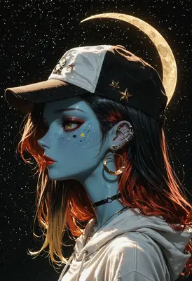 Celestial Blue Girl Under Crescent Moon