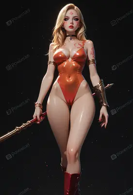 Warrior Woman in Orange Vinyl Bodysuit