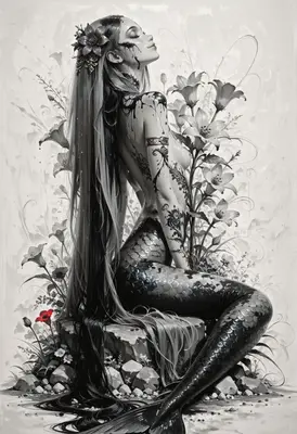 Monochrome Mermaid Among Floral Blooms