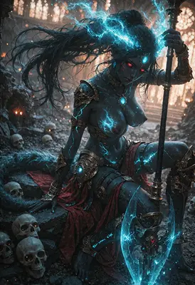 Dark Sorceress Amidst Ancient Skulls