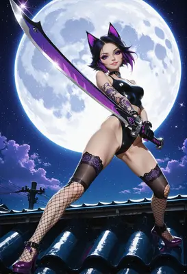 Cat Girl Warrior Under Moonlight