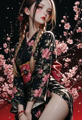 Elegant Maiden Amidst Blooming Cherry Blossoms