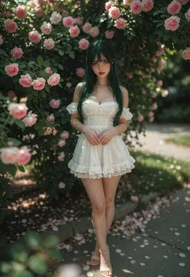 Green Haired Beauty Among Pink Roses