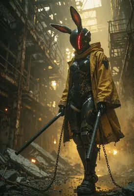 Cybernetic Rabbit Warrior in Wasteland