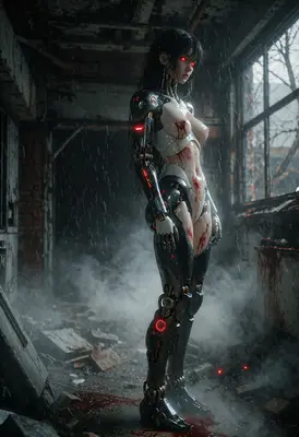 Damaged Cyborg in Ruined Architecture