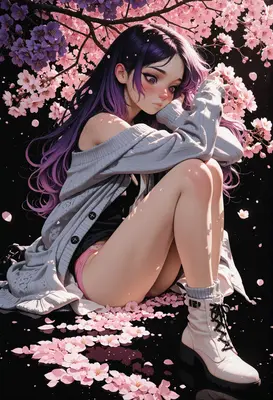 Pensive Girl Under Blooming Cherry Blossoms