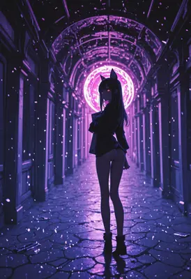 Neon Cat Girl in Twilight Corridor