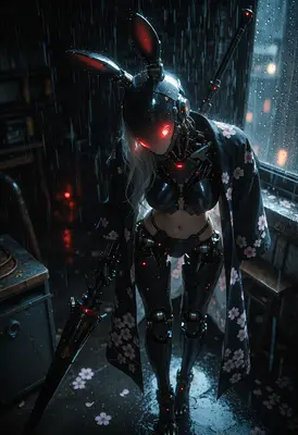 Cybernetic Rabbit Warrior in the Rain