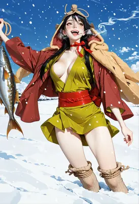 Joyful Winter Fisherwoman in Snow