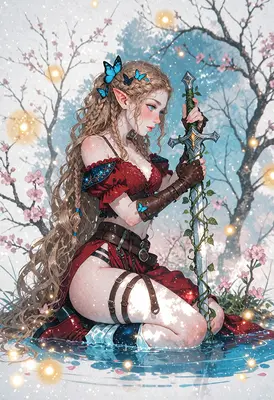 Elven Warrior Kneeling in Enchanted Waters