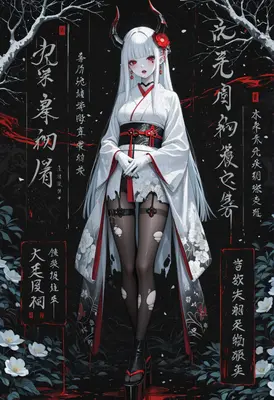 Ethereal Demon Maiden in White Kimono