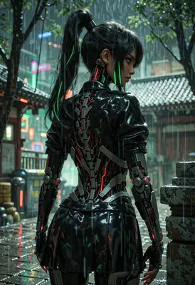 Cybernetic Warrior in the Rainy Street