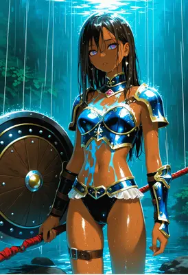 Rain-Soaked Warrior with Shield and Spear