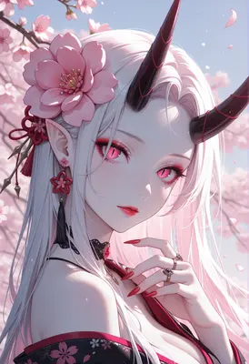 Ethereal Oni Maiden Among Cherry Blossoms