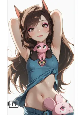 Cute Cat Girl with Pink Plushies