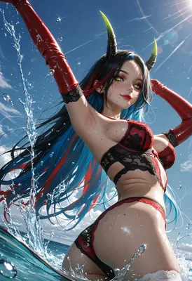 Demon Girl Splashing in Summer Sun