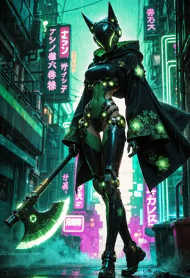 Neon Cyberpunk Warrior in Rain
