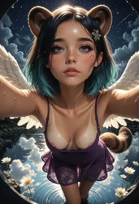 Celestial Raccoon Girl Under Midnight Skies