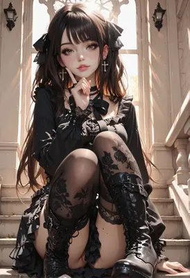Gothic Beauty Sitting on Grand Stairs