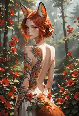 Fox Girl with Floral Back Tattoo