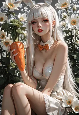 White Rabbit Girl with Spring Carrot