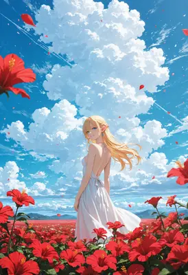 Elf Girl In Red Hibiscus Field