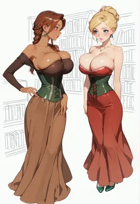 Elegant Library Scholars in Corset Gowns