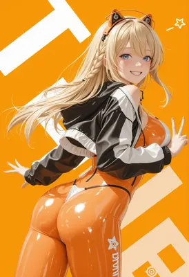 Energetic Blonde Girl in Orange Latex