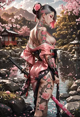 Tattooed Samurai in a Cherry Blossom Garden