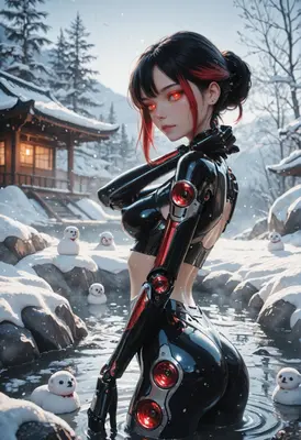Cyborg Beauty in Snowy Hot Springs