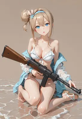 Summer Beach Girl with Rifle