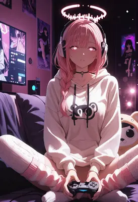 Gamer Girl with Neon Halo