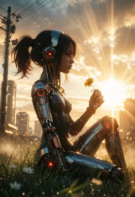 Cyborg Girl Holding A Golden Flower