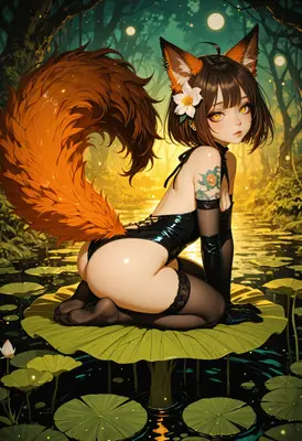 Fox Girl Resting on Lotus Leaf