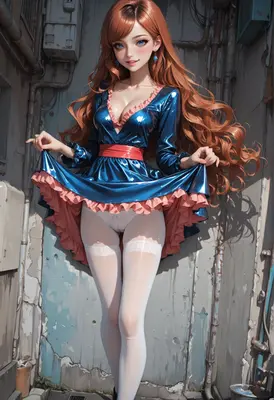 Redheaded Beauty in Blue Vinyl Dress