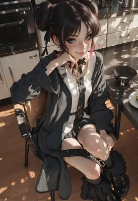 Stylish Girl Relaxing in Sunny Kitchen